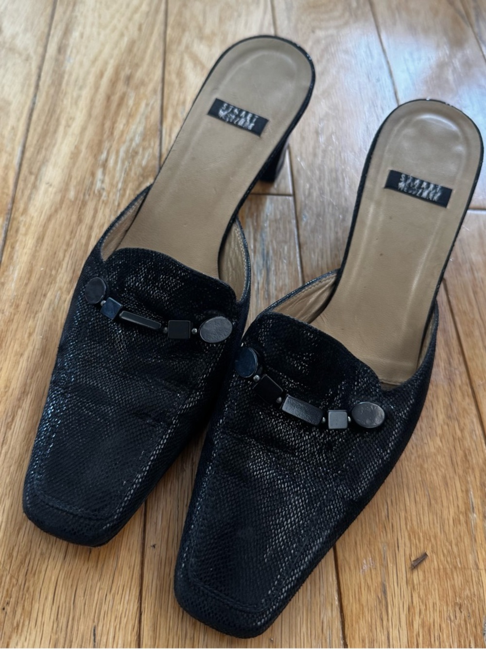 Stuart Weitzman Vintage Black Leather Mule Heels Square Toe Minimalist 90s
